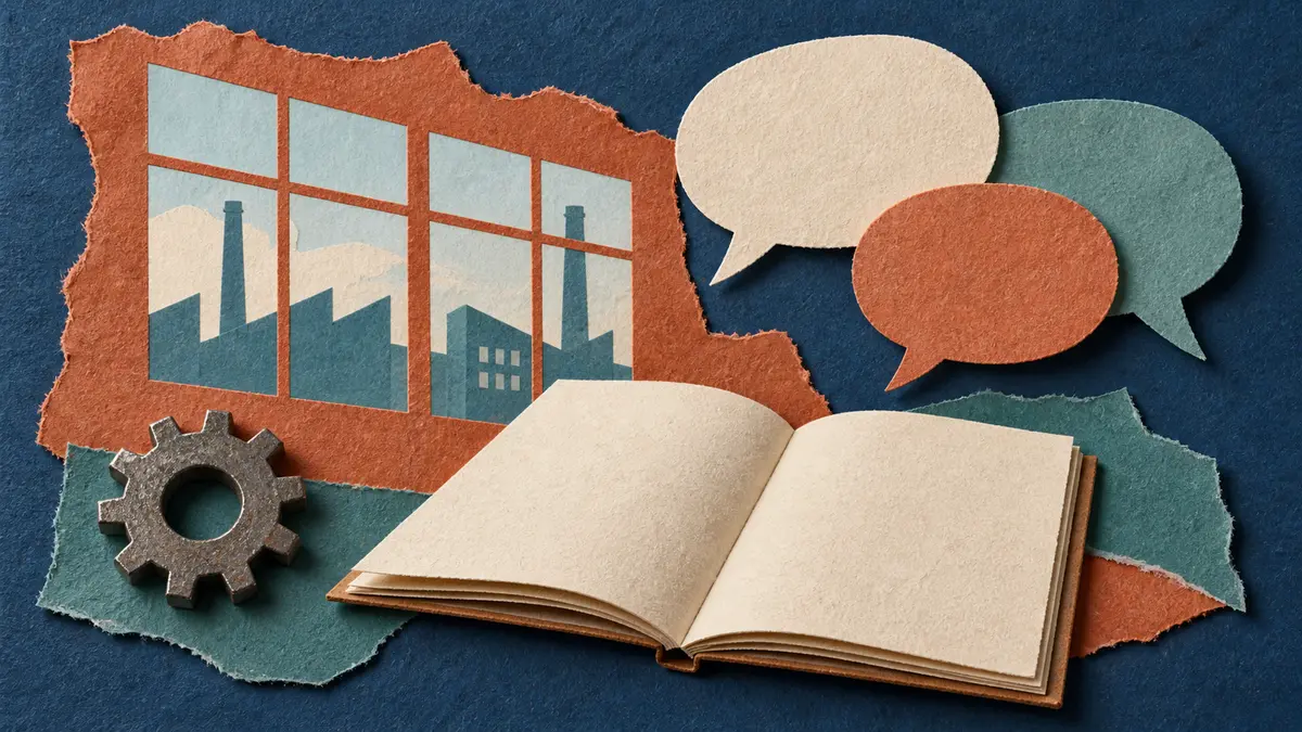 Factory window, notebook and conversation symbols
