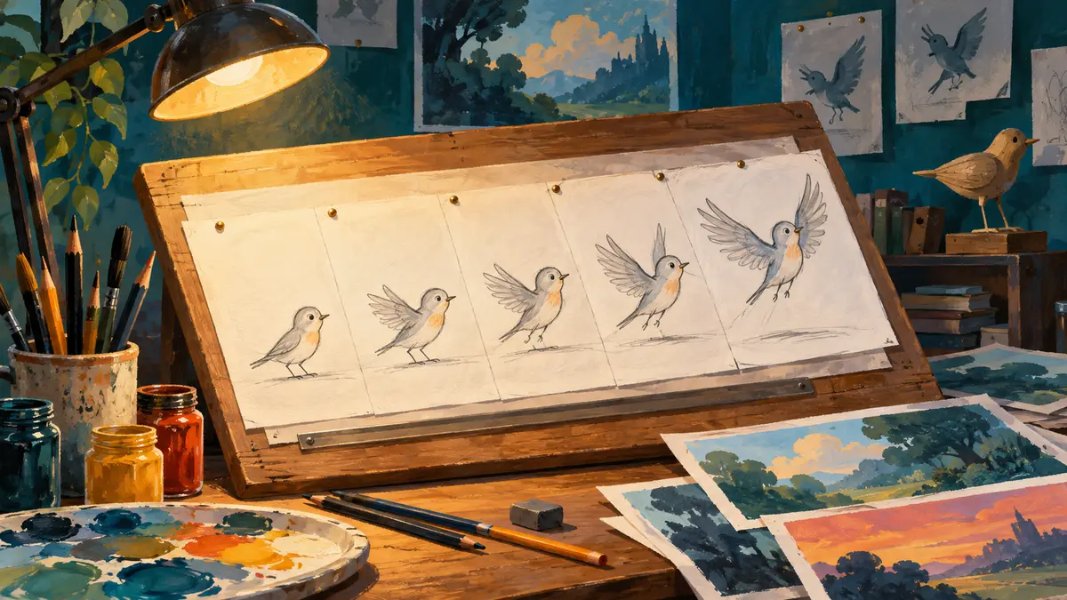 Bird movement sketches on an animation drawing board