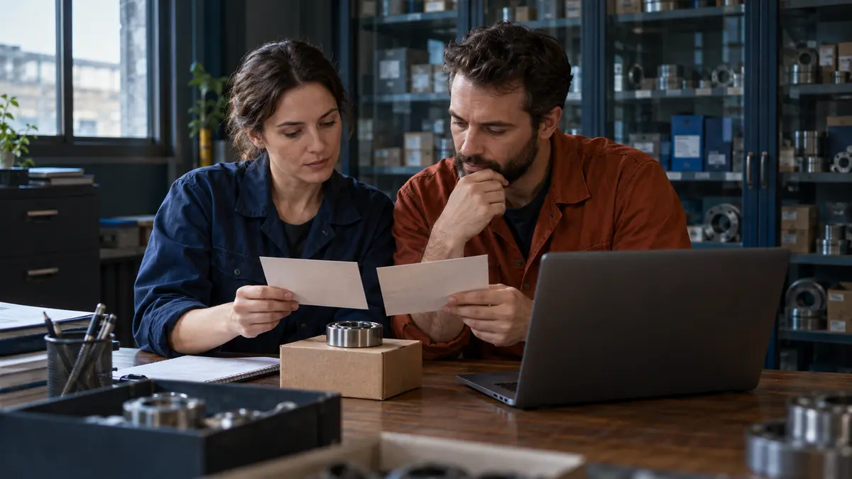 Two colleagues compare catalogue cards beside a bearing and laptop