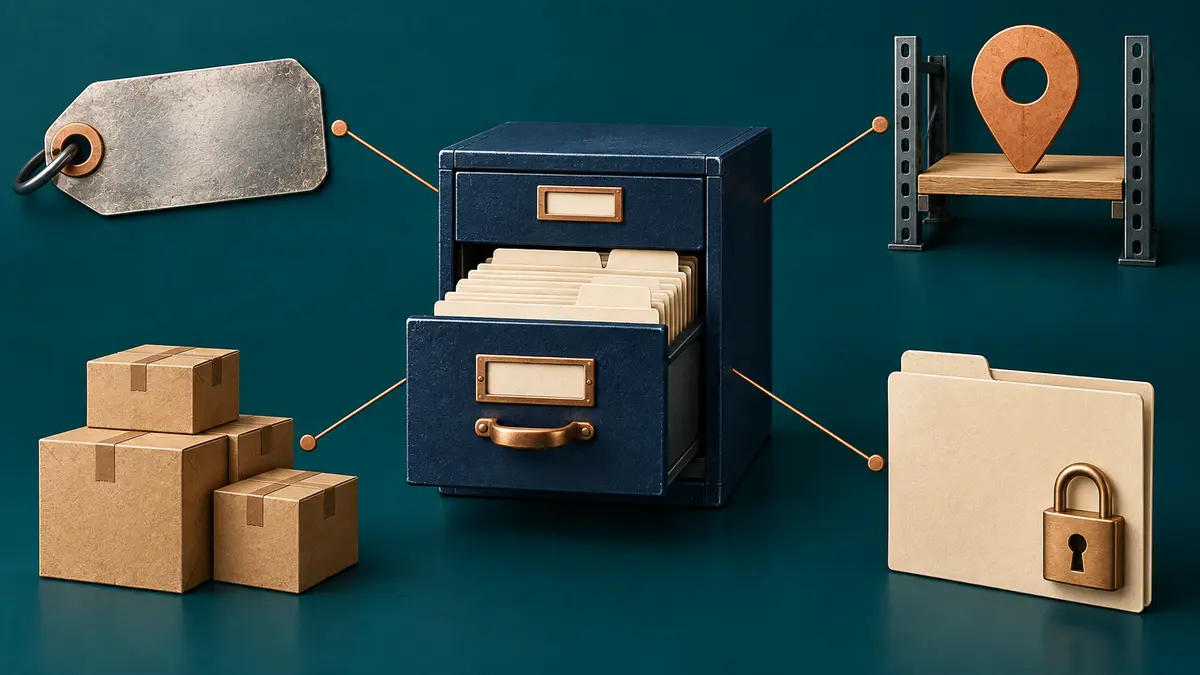 Catalogue cabinet connected to an identification tag, storage location, boxes and a locked folder
