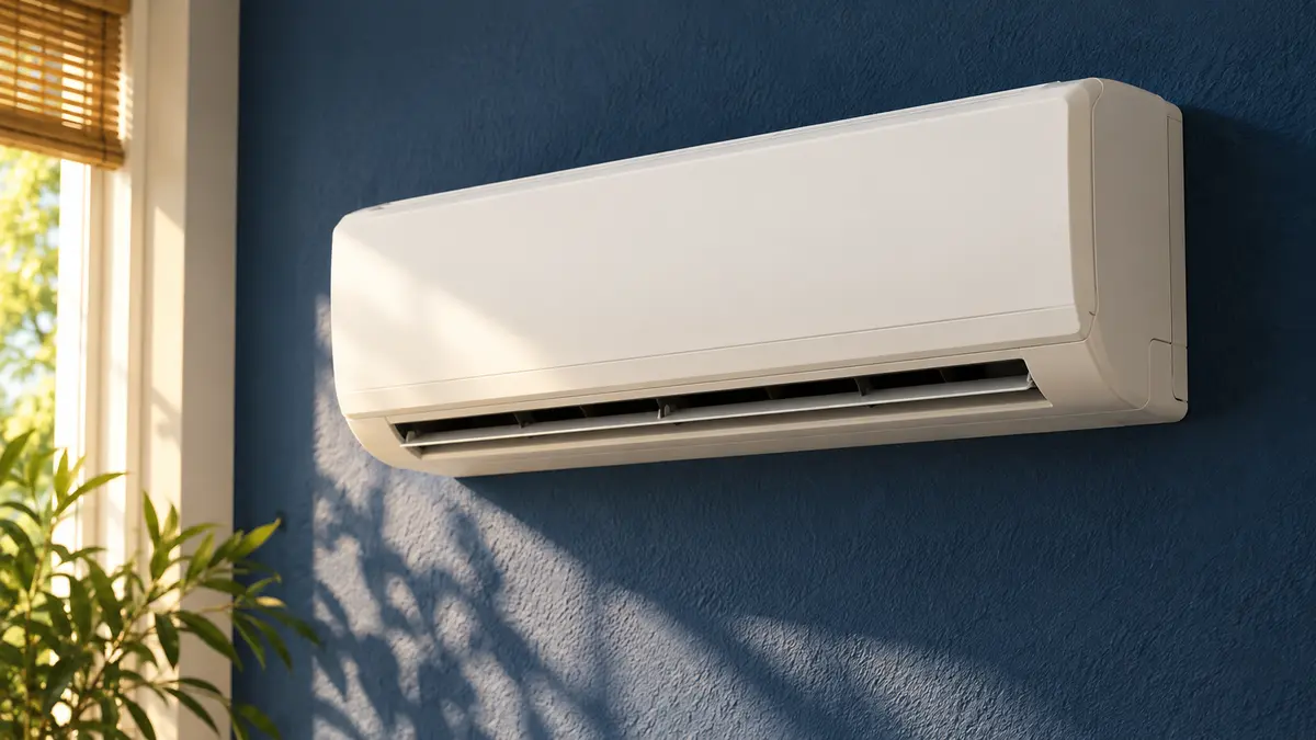 Wall-mounted air conditioner in summer sunlight