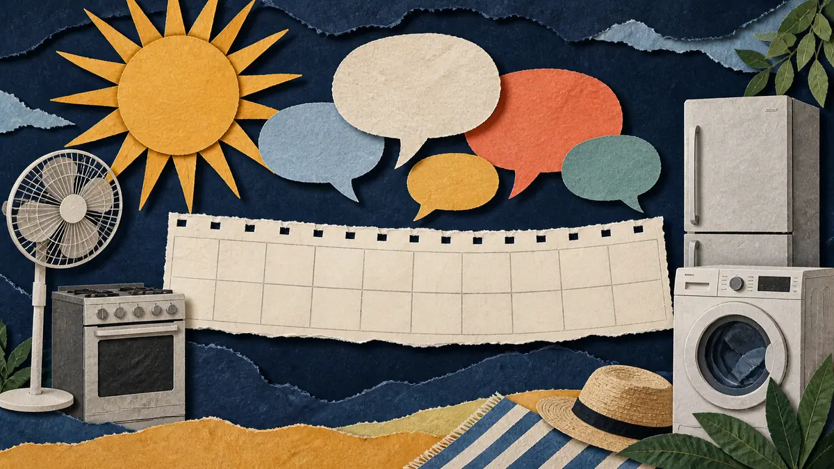 Sun, speech bubbles, calendar and household appliances
