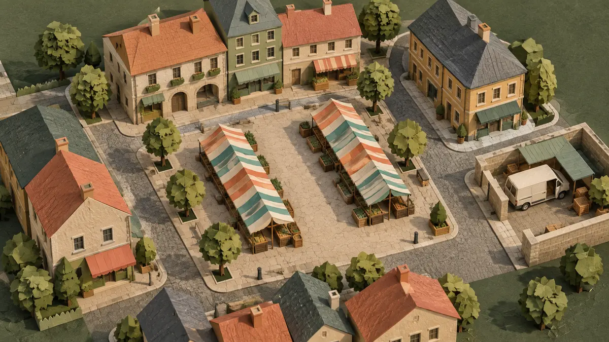 Market stalls, pedestrian lane and unloading area