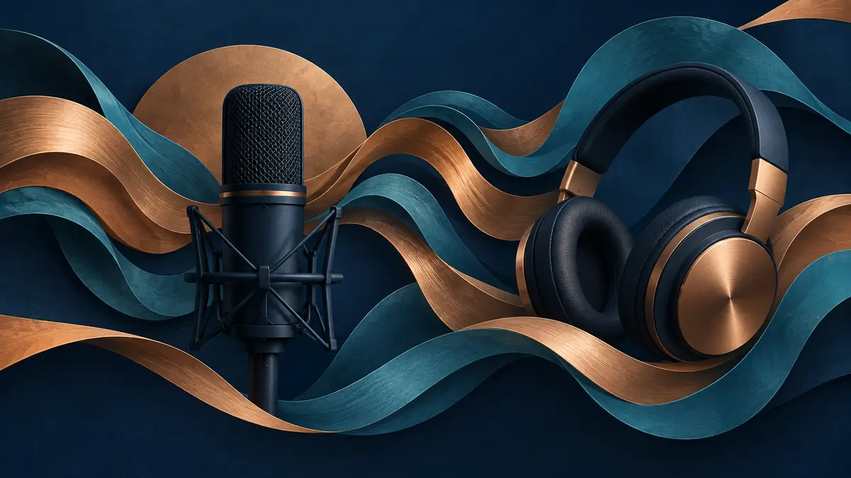 Microphone, headphones and flowing ribbons