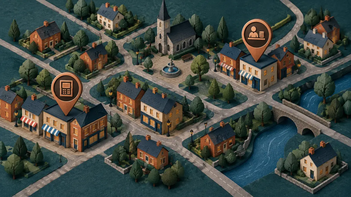 Town map with cash-service locations