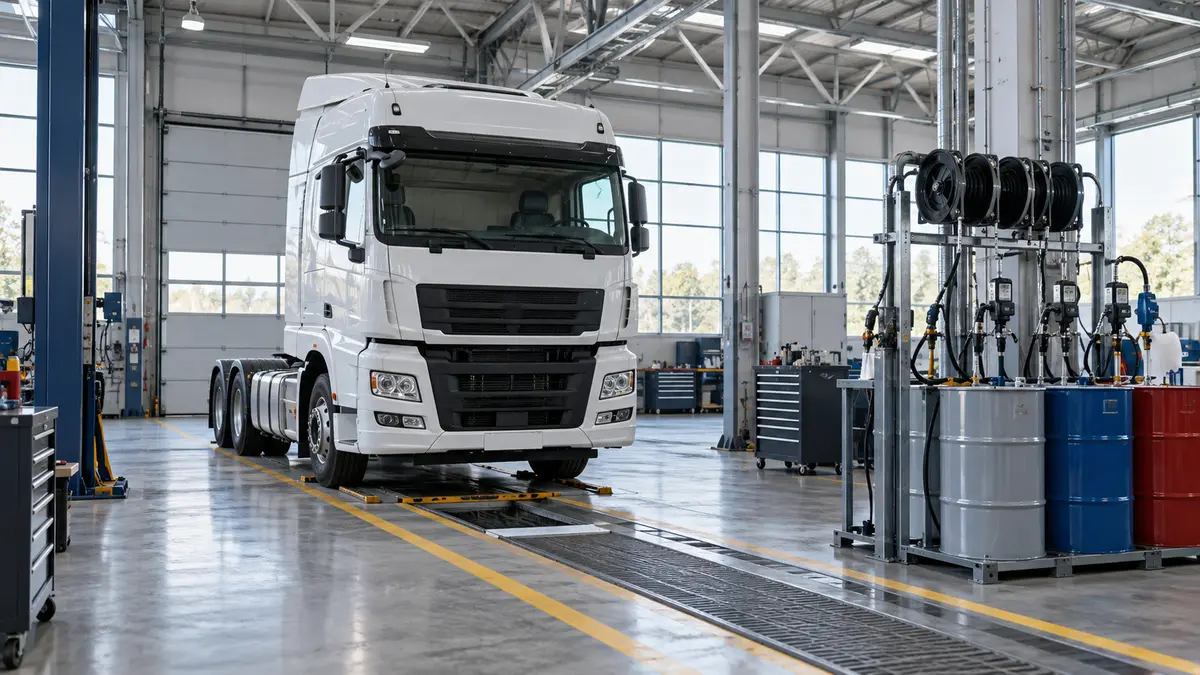 Truck maintenance bay with lubricant dispensing equipment