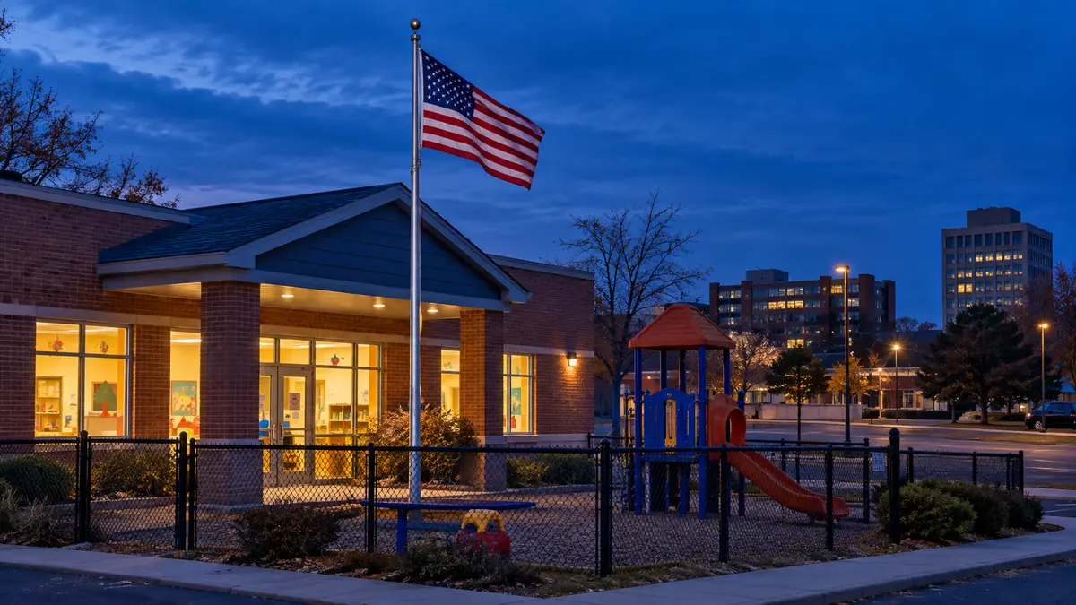 US flag outside a childcare building with a playground at dawn