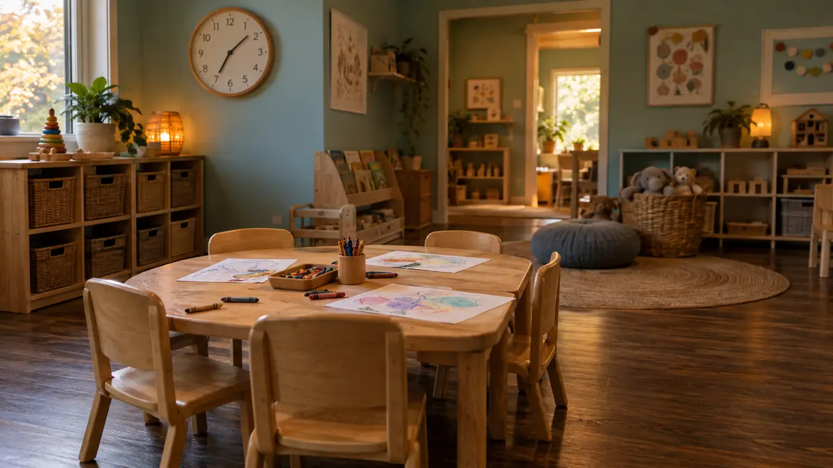 An empty childcare activity room with small chairs, drawing materials and a wall clock