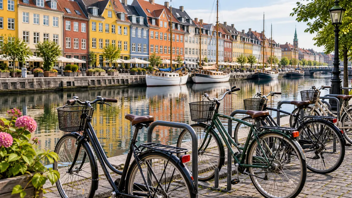 Parked bicycles beside a canal and colourful townhouses