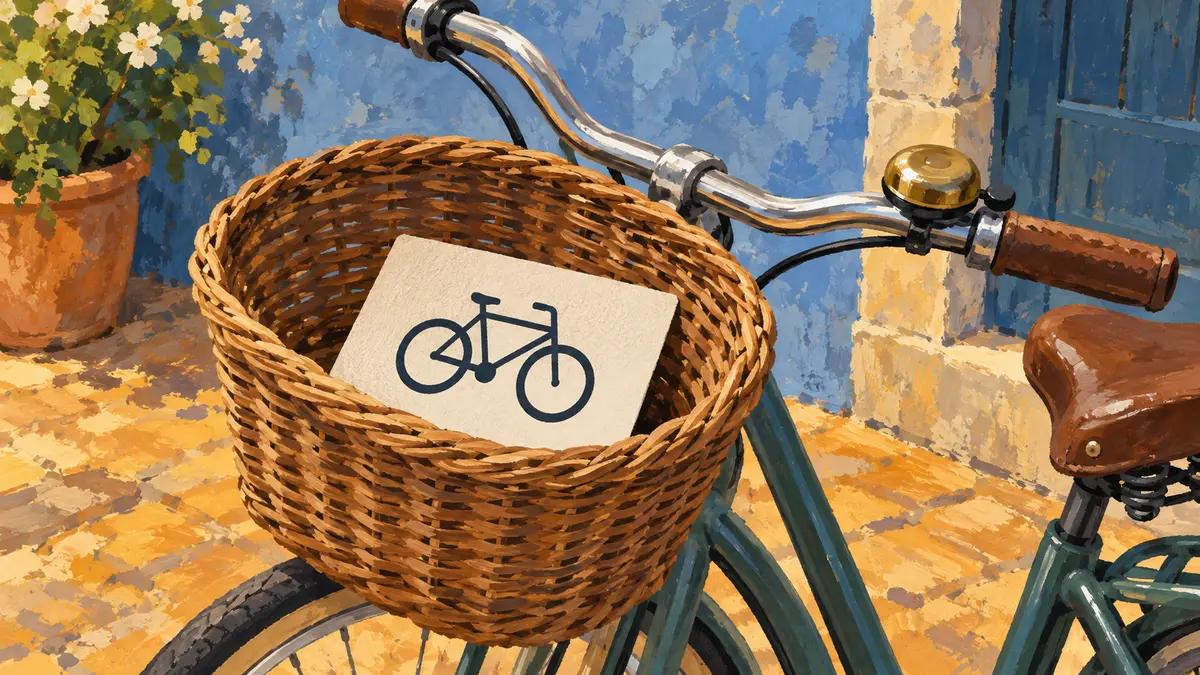 Card with a bicycle symbol inside a wicker basket