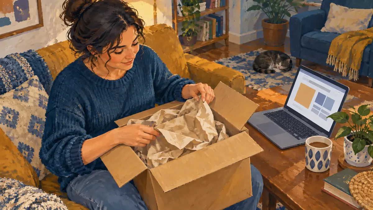 Shopper opening a parcel beside a laptop