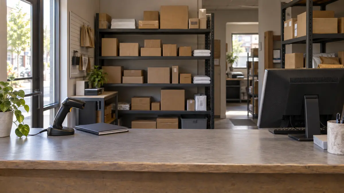 Parcel shelves and service counter at a pickup point