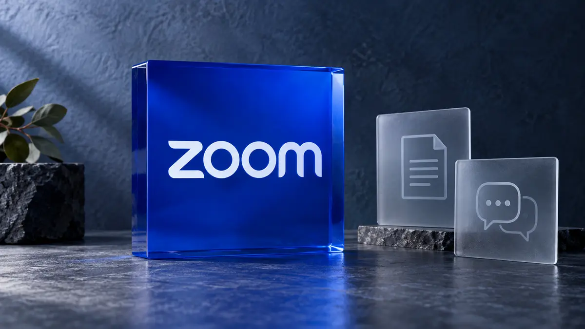 Zoom wordmark beside document and chat symbols